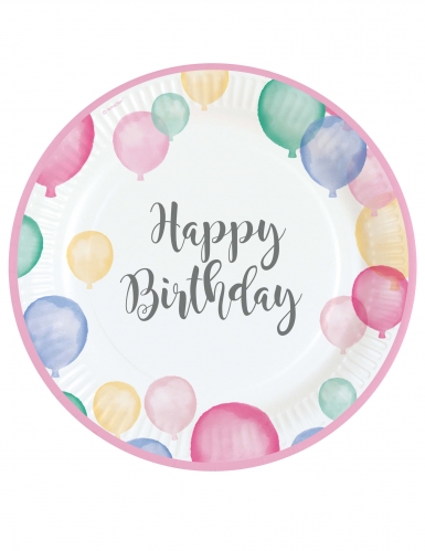 8 assiettes en carton happy birthday ballons pastel 23 cm contour rose