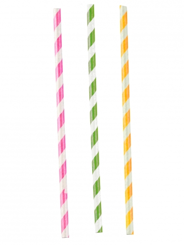 12 pailles en papier rayées roses, vertes et jaunes pour fête