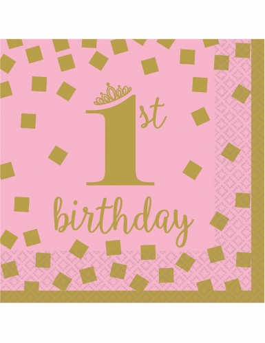 16 Petites serviettes en papier 1st birthday rose et or 25 x 25 cm pour premier anniversaire