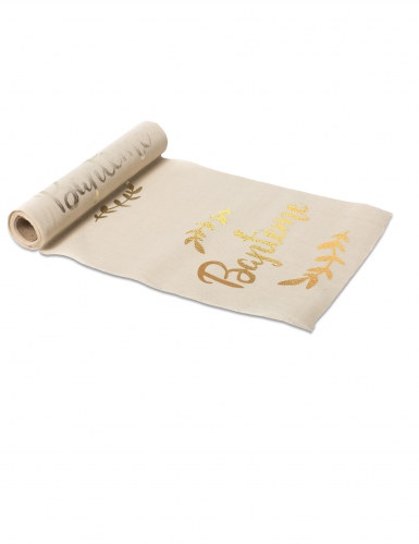 Chemin de table en lin naturel baptême champagne 28 cm x 5 m avec lauriers