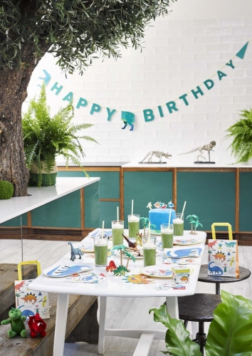 Guirlande en carton happy birthday dinosaure 3,5 m bleu-vert
