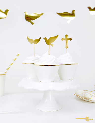 6 habillages à cupcakes en papier blancs et dorés pour mariage