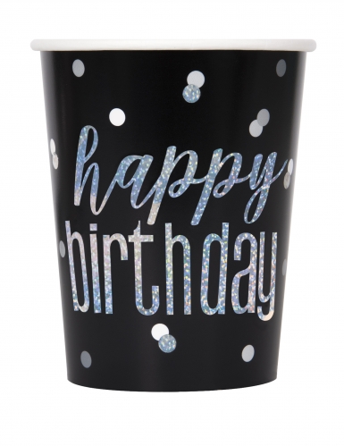 8 gobelets en carton happy birthday noirs et gris 270 ml confettis brillants