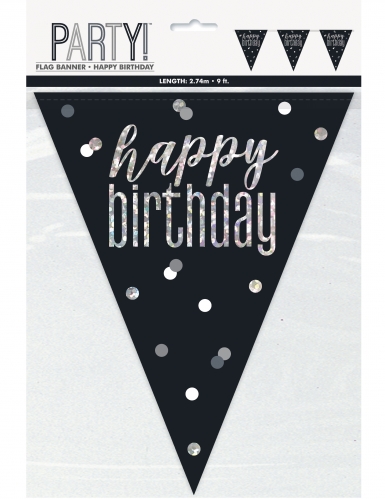 Guirlande en plastique happy birthday noire et grise 2,7 m à fanions argentés