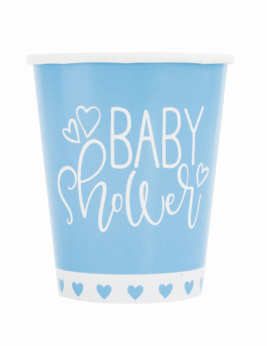 8 gobelets en carton baby shower bleus et blancs 266 ml avec petits coeurs