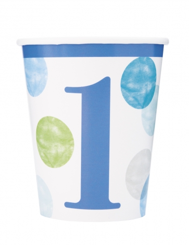8 gobelets en carton 1er anniversaire bleus et blancs 266 ml à pois pastel