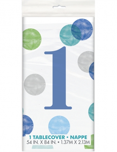 Nappe en plastique 1er anniversaire blanche et bleue 137 x 213 cm à pois pastel