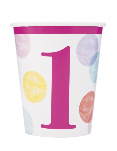 8 gobelets en carton 1er anniversaire roses et blancs 270 ml à pois pastel