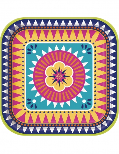 8 assiettes carrées en carton boho fiesta 23 cm motif fleur