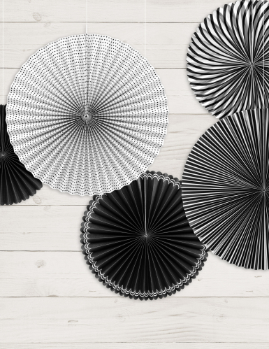 5 rosaces en papier noires et blanches 25, 32 et 40 cm pour décoration