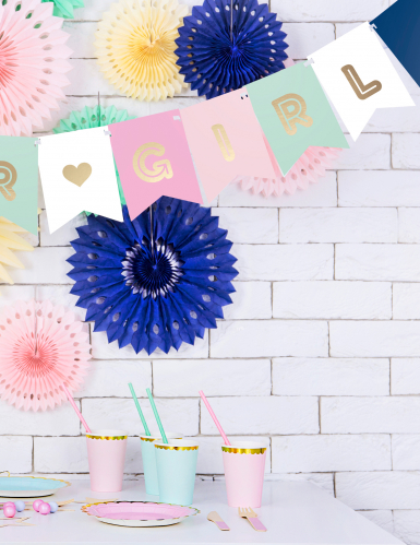 Guirlande en carton boy or girl rose, bleue et dorée baby shower 15 x 175 cm