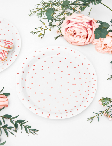 6 petites assiettes en carton blanches et pois rose gold 18 cm pour table