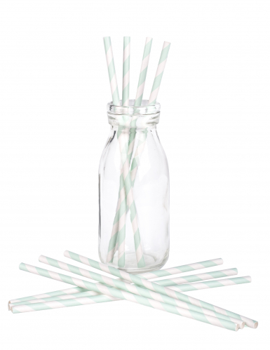 10 pailles en carton rayées blanches et menthe 19,5 cm pour fête