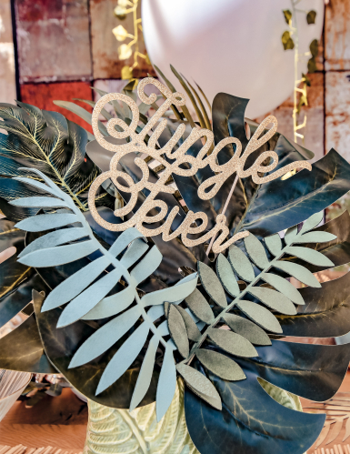 Cake topper en bois jungle fever doré 20 cm pailleté