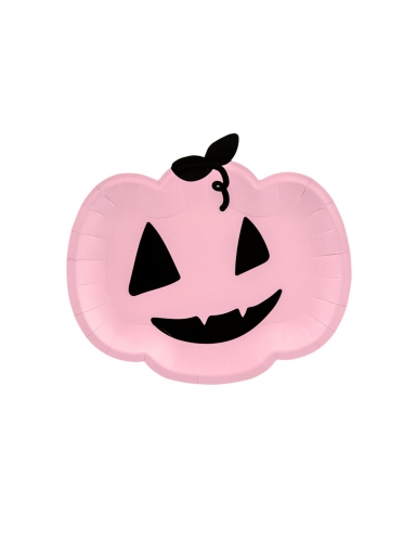 6 assiettes en carton citrouille roses et noires 25 x 22 cm souriantes halloween