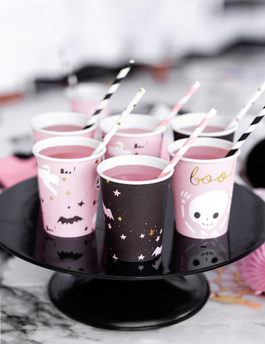 6 gobelets en carton halloween roses et noirs 220 ml mignons