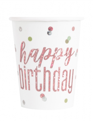 8 gobelets en carton happy birthday blancs et roses pailletés 266 ml à pois