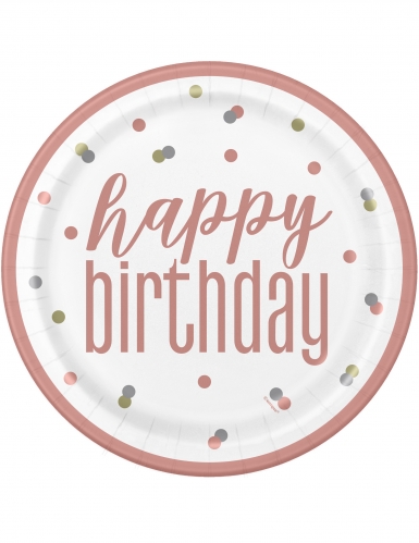 8 assiettes en carton happy birthday blanches et roses à pois 23 cm