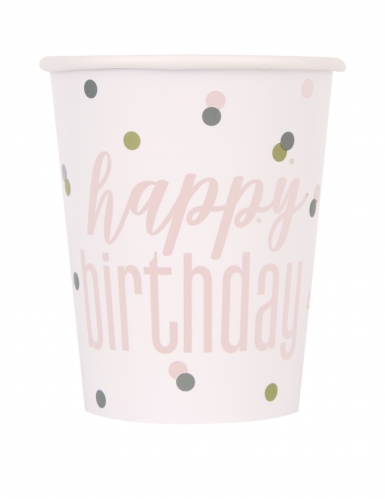 8 gobelets en carton happy birthday blancs et roses 266 ml à pois