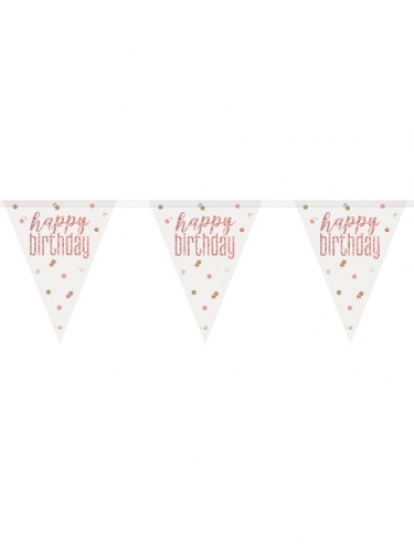 Guirlande fanions en plastique happy birthday blanche et rose 2,74 m à pois