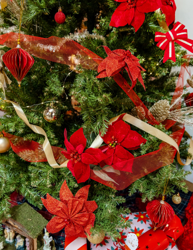 Nœud de poinsettia avec grelots pailleté rouge 20 cm décoration table
