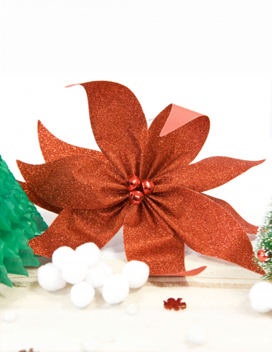 Nœud de poinsettia avec grelots pailleté rouge 20 cm décoration table