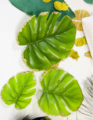 6 feuilles tropicales à bord pailleté 10 x 8 cm vertes et dorées