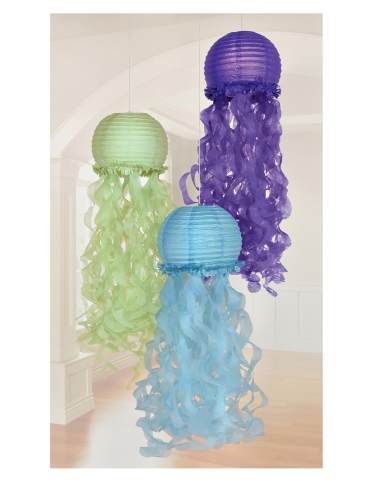 3 lanternes en papier méduses rêves de sirène 24 cm bleu violet vert