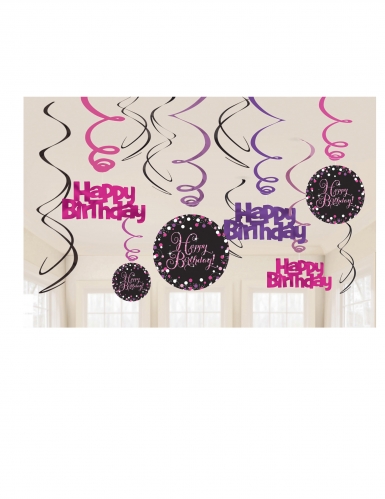 12 suspensions spirales en carton célébration pétillante rose happy birthday