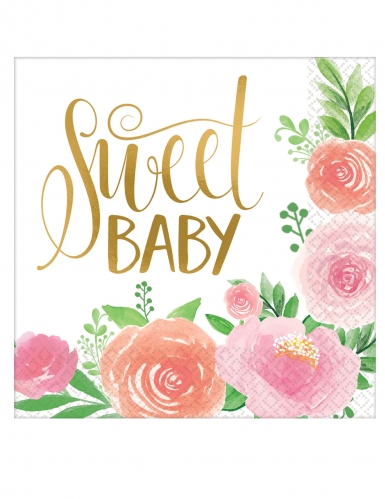 16 serviettes en papier sweet baby girl 33 x 33 cm fleurs dorées