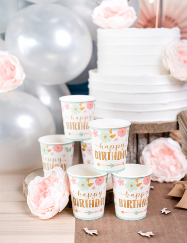 8 Gobelets en carton boho 250 ml happy birthday