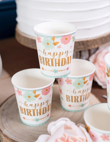 8 Gobelets en carton boho 250 ml happy birthday