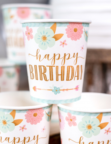 8 Gobelets en carton boho 250 ml happy birthday