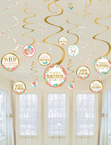 12 Suspensions à spirale anniversaire boho dorées et blanches