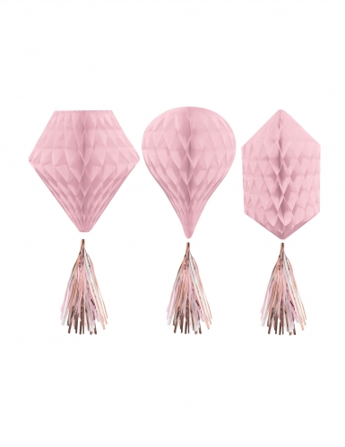 3 décorations à suspendre alvéolées en papier rose gold 30 cm avec pompons