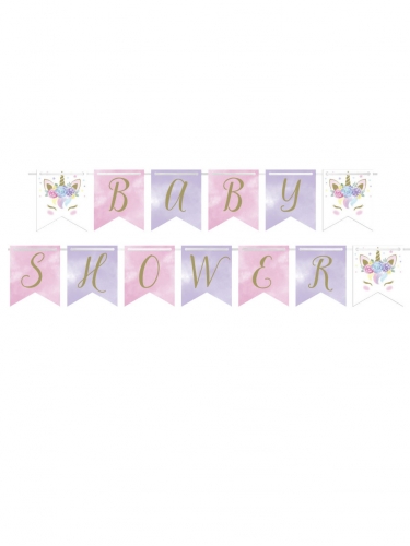 Bannière en carton baby shower licorne féerique 2,1 m à fanions