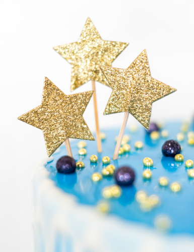 12 cake toppers sur pic étoile dorée pailletée 6,5 cm pour anniversaire