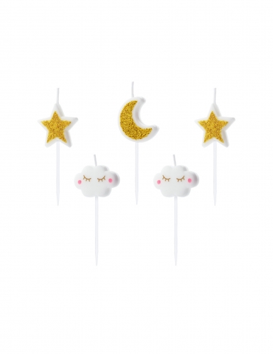 5 bougies d'anniversaire constellation blanc et doré nuages et étoiles