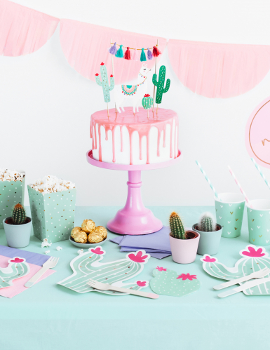 20 serviettes en papier forme cactus menthe et fuchsia
