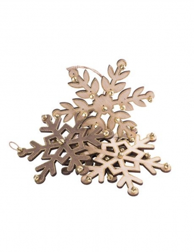 4 flocons en bois paillettes et grelots or 18 cm décoration noël