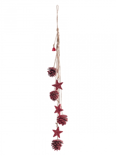 Suspension pomme de pin paillettes rouges et étoiles 50 cm