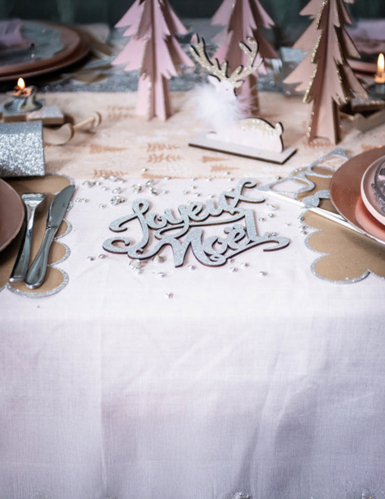 Décoration de table en bois joyeux Noël paillettes argent 19 x 20 cm inscription festive