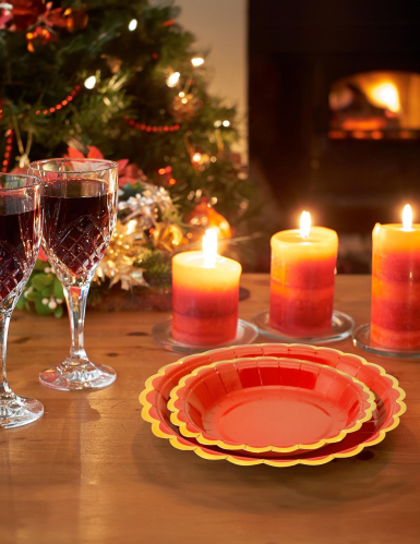 8 assiettes festonnées en carton rouges et dorées 23 cm pour noël