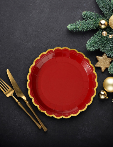 8 assiettes festonnées en carton rouges et dorées 23 cm pour noël