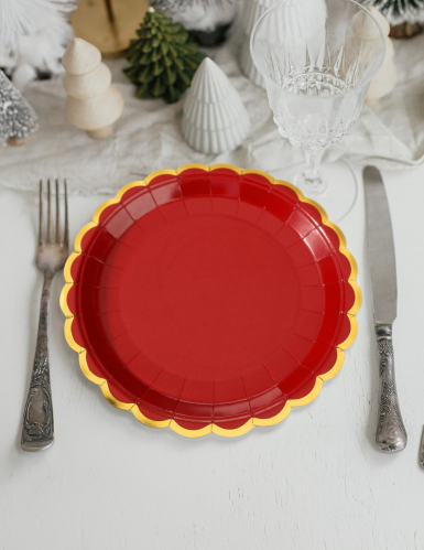 8 assiettes festonnées en carton rouges et dorées 23 cm pour noël