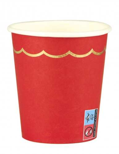 8 gobelets en carton festonnés rouges et dorés 200 ml pour table de fête