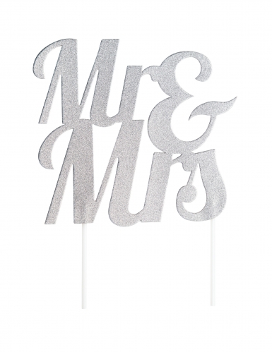 Cake topper en plastique mr et mrs argenté pailleté 18 x 23 cm pour mariage