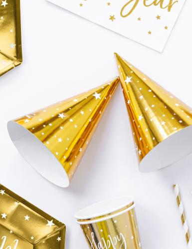6 chapeaux de fête en carton dorés étoiles blanches 16 cm pour anniversaire