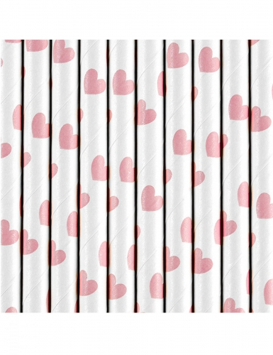 10 pailles en carton blanches cœurs roses 19,5 cm saint valentin