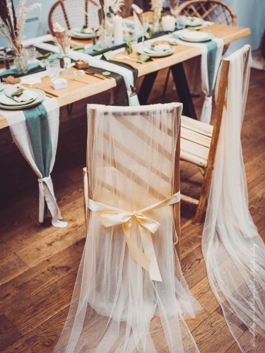 2 voiles de chaise ivoire et rubans satin 2,6 x 1,6 m mariage chic